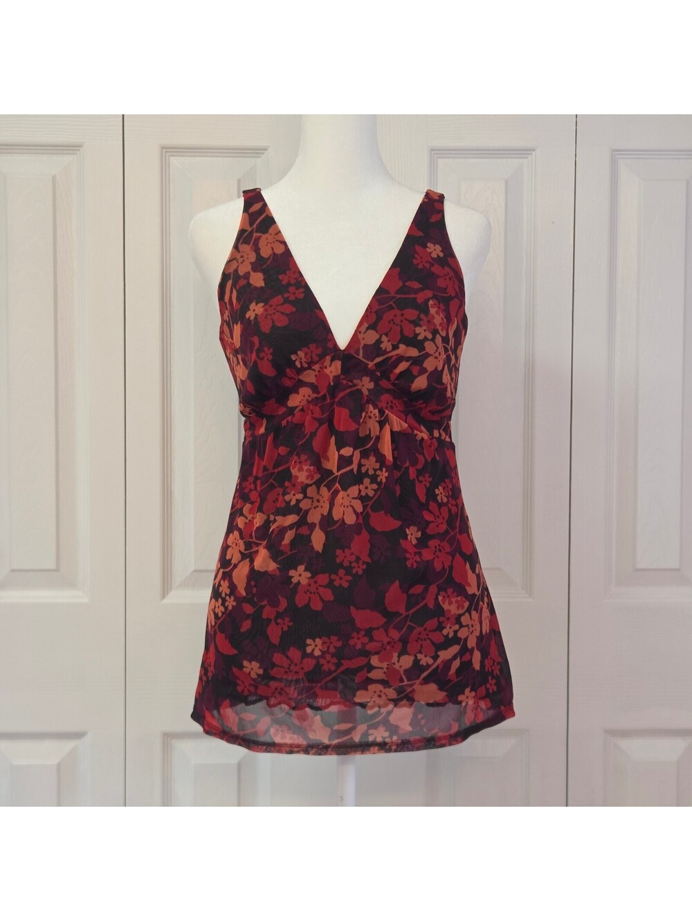 Red & Orange Autumn Leaves Floral Print Babydoll Tank Top Vintage Y2K Retro Boho